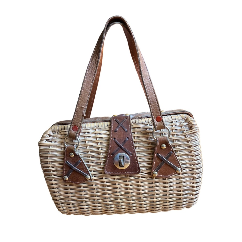 Vintage Simon Styled by Mister Ernest Wicker Handbag Brown Leather Trim 1960s
